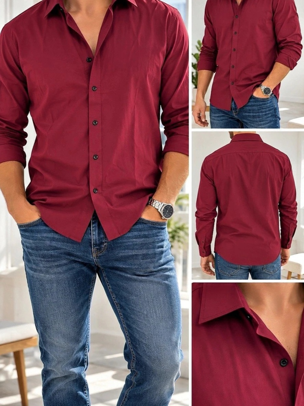Alimens & Gentle Men’s Classic Burgundy Long Sleeve Button-Down Shirt Size M